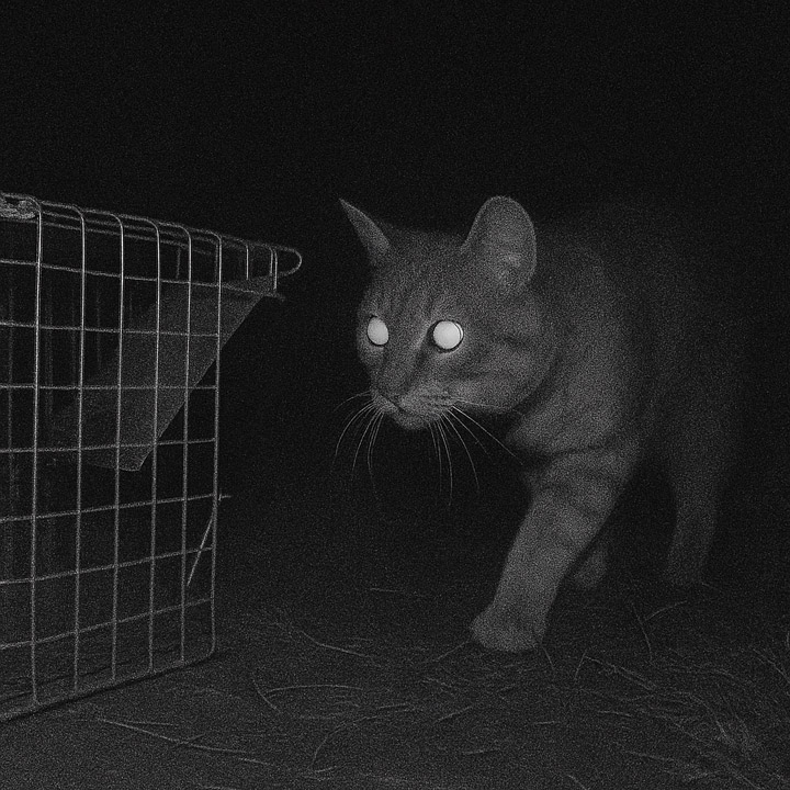 夜に猫が捕獲器に入ろうとしている写真